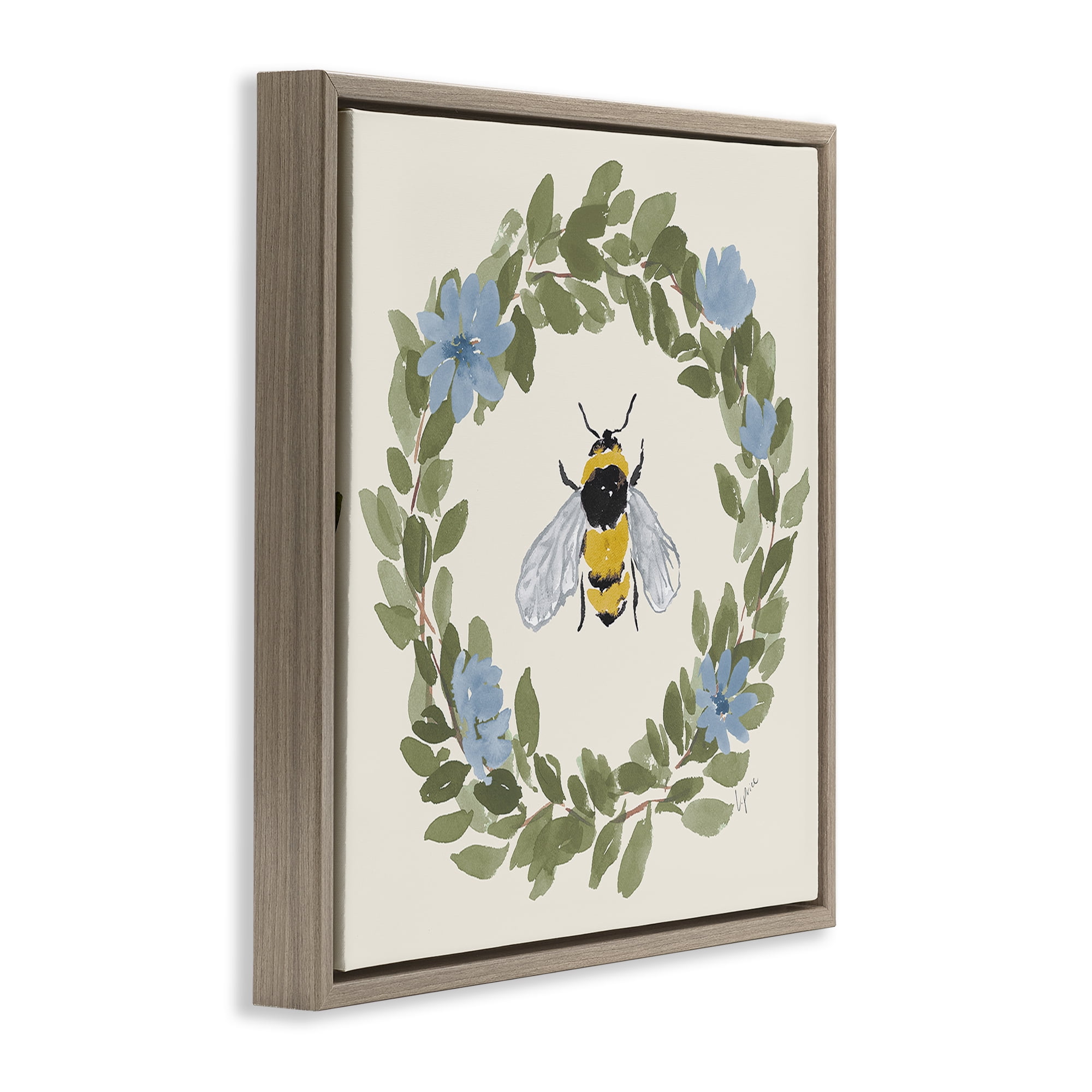 Stupell Industries Floral Wreath Bee Celebration Brown Framed Floater Canvas Wall Art, design by Lucille Price