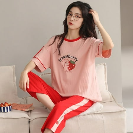 

QWZNDZGR Summer Nightwear Sets Knitted Cotton Cute Cartoon Pyjamas Sweet Casual Women’s Pajamas Short Sleeve Sleepwear Homewear Fashion