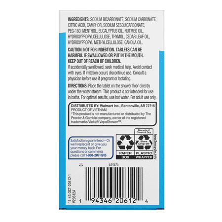 Equate Soothing Vapor Shower Tablets, Eucalyptus & Menthol, 3 Count, Compare to Vicks® VapoShower™