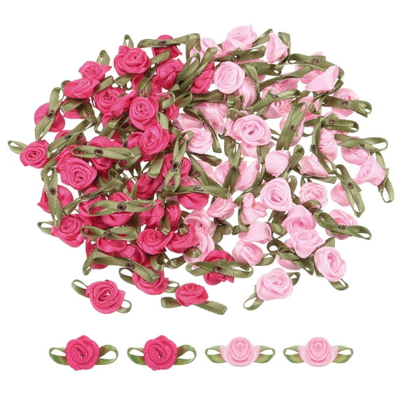 Uxcell 100 Pcs Rose Red/Pink Ribbon Roses 5/8"x1-3/16" Mini Roses for Sewing Appliques
