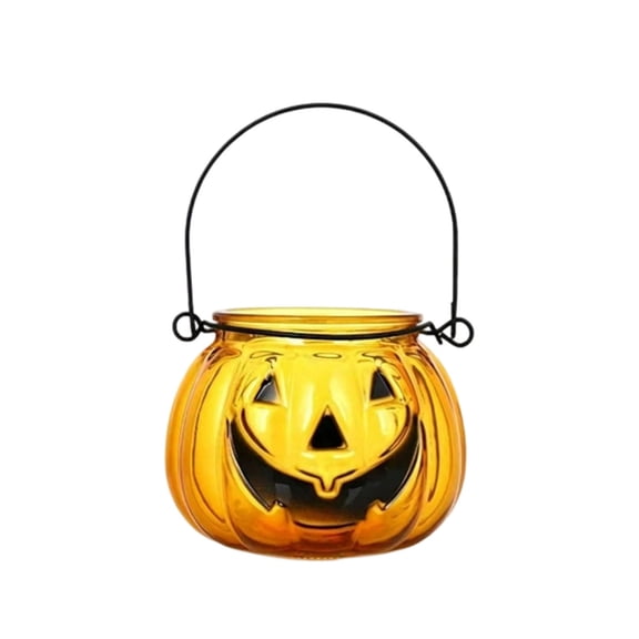 Halloween Glass Candle Holder, Orange Jack-O-Lantern Pumpkin with Metal Handle, Tealight Votive Holder for Tabletop & Hanging Party Decor