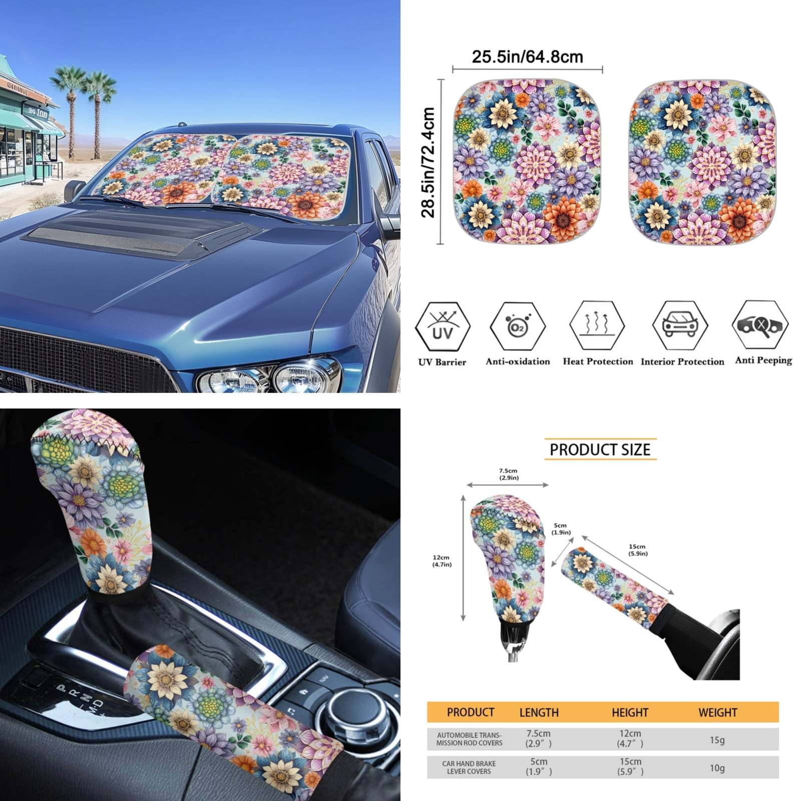 Yuyamidu Dalia Car Seat Covers Full Set of 16 Flower Automotive Steering Wheel Covers Sun Shade Seatbelt Pads Car Coasters Handbrake Cover Set Rear View Mirror Cover Keychain for Women