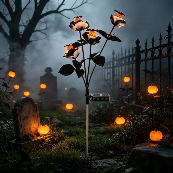 Solar Halloween Lights Outdoor, 4 Pack Pumpkin & Dark Rose Lanterns for Yard Patio Garden Pathway, Auto On/Off Waterproof Solar Powered Decorations
