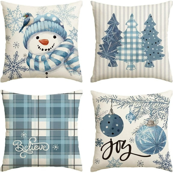 ZDWQFA Christmas Pillow Covers 18"x 18" Blue Farmhouse Decoration Throw Pillow Covers for Winter Holiday Sofa Bed Living Room Décor Cases Set of 4