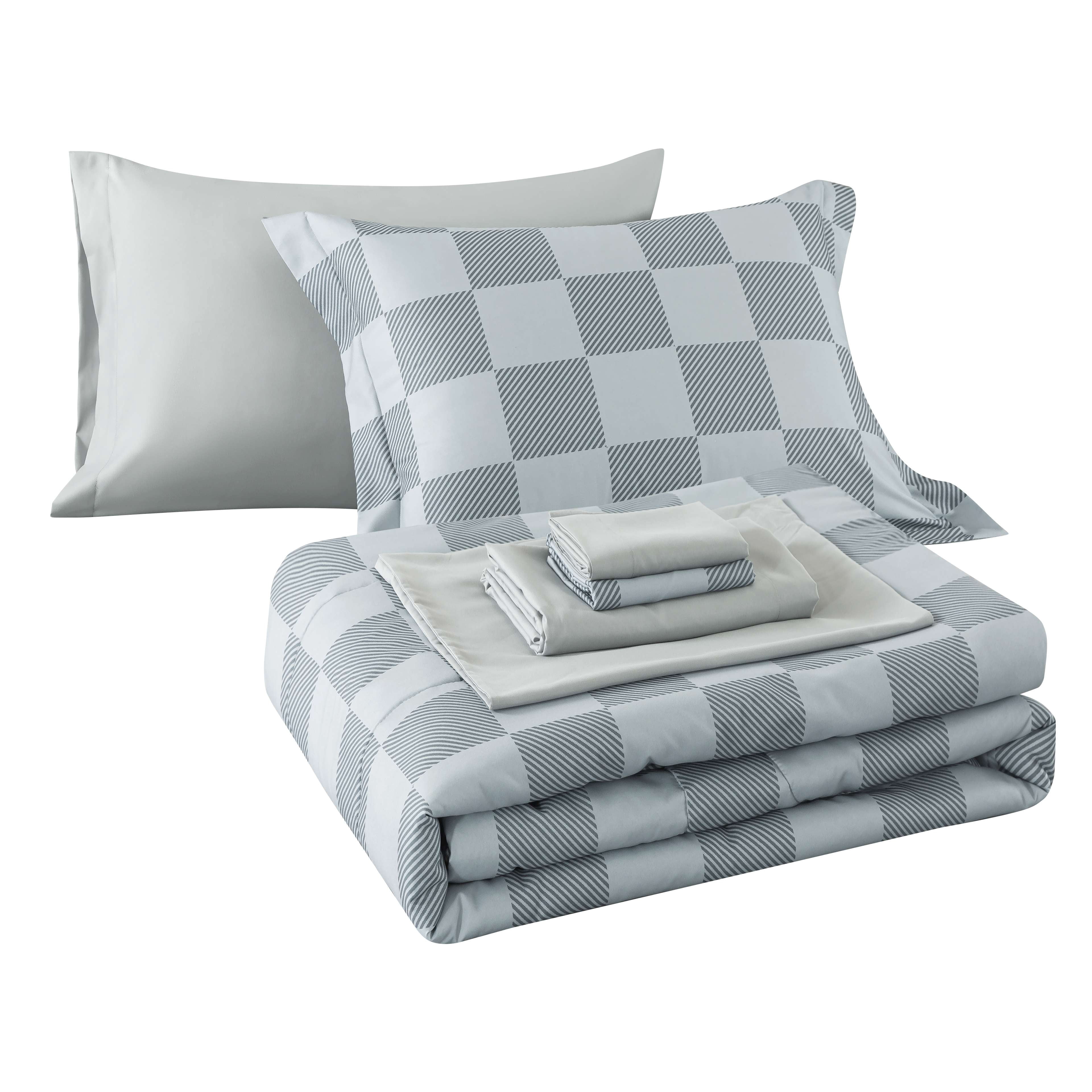 Mainstays 7 Piece Reversible Bed in a Bag Comforter Set with Sheets, Grey Check, Full