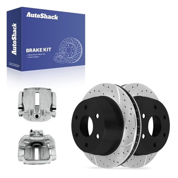 AutoShack Rear Vented Drilled & Slotted E-Coated Brake Rotors   Calipers 4-PC Brake Kit Replacement for 2005-2006 GMC Sierra 1500 2005-2006 Chevrolet Silverado 1500 ShadowGuard 12.99" (330 mm)