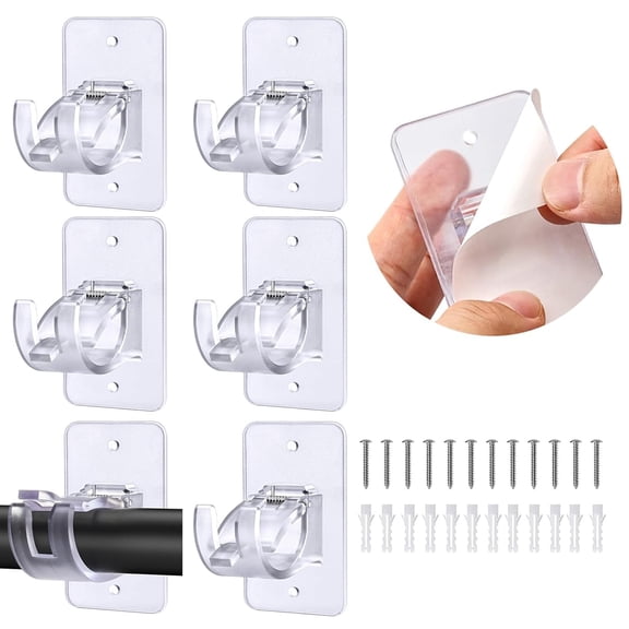 6 Pack No Drill Curtain Rod Brackets, Self Adhesive No Drilling Curtain Rod Holder Hooks, Nail Free Curtain Rod Hangers Save Space for Bathroom Kitchen Home -Transparent