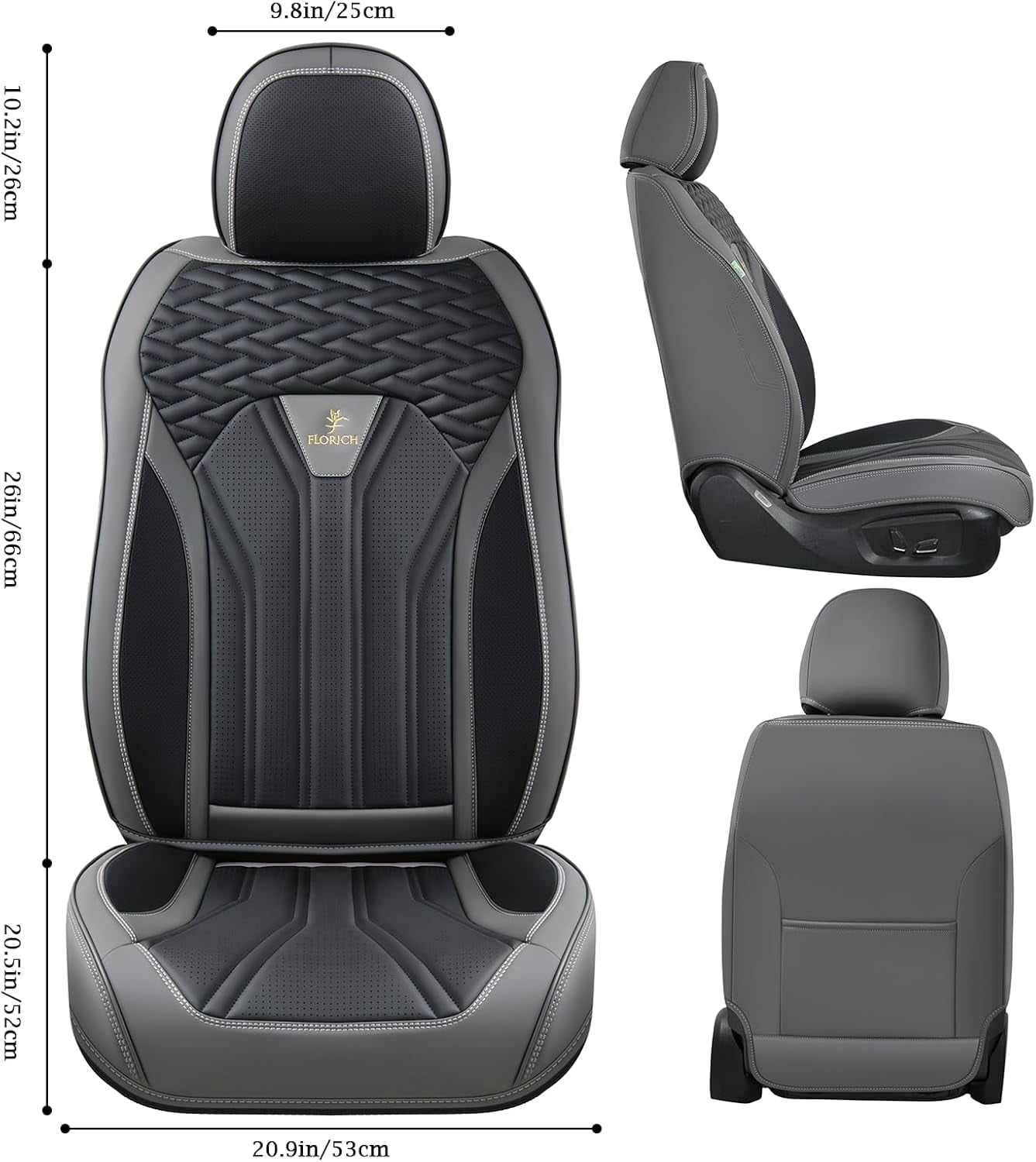 FLORICH Universal Leather Car Seat Cover Full Set, Gray Seat Covers for Cars 5 Seats, Waterproof Front and Rear Automotive Seat Cover Fit for Most Sedans SUV Pick-up Truck, Black & Gray