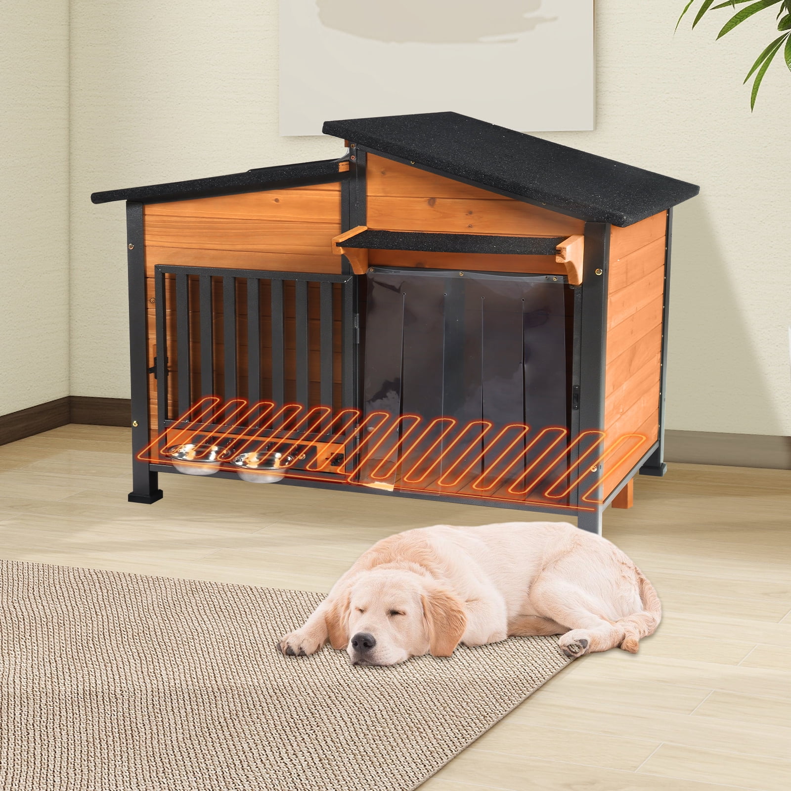 Aivituvin Heated Dog House with Heating Pad & Anti-Chewing Metal Frame, Insulated Wooden Dog Kennel with Unique Design Roof, Weatherproof Dog House for Indoor & Outdoor Use