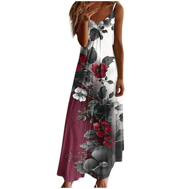 Staron Robes Décontractées pour Femmes Printemps Robe d'Été Décontractée à Fleurs Col en V Bretelles Spaghetti Longue Fluide Robes de Vacances