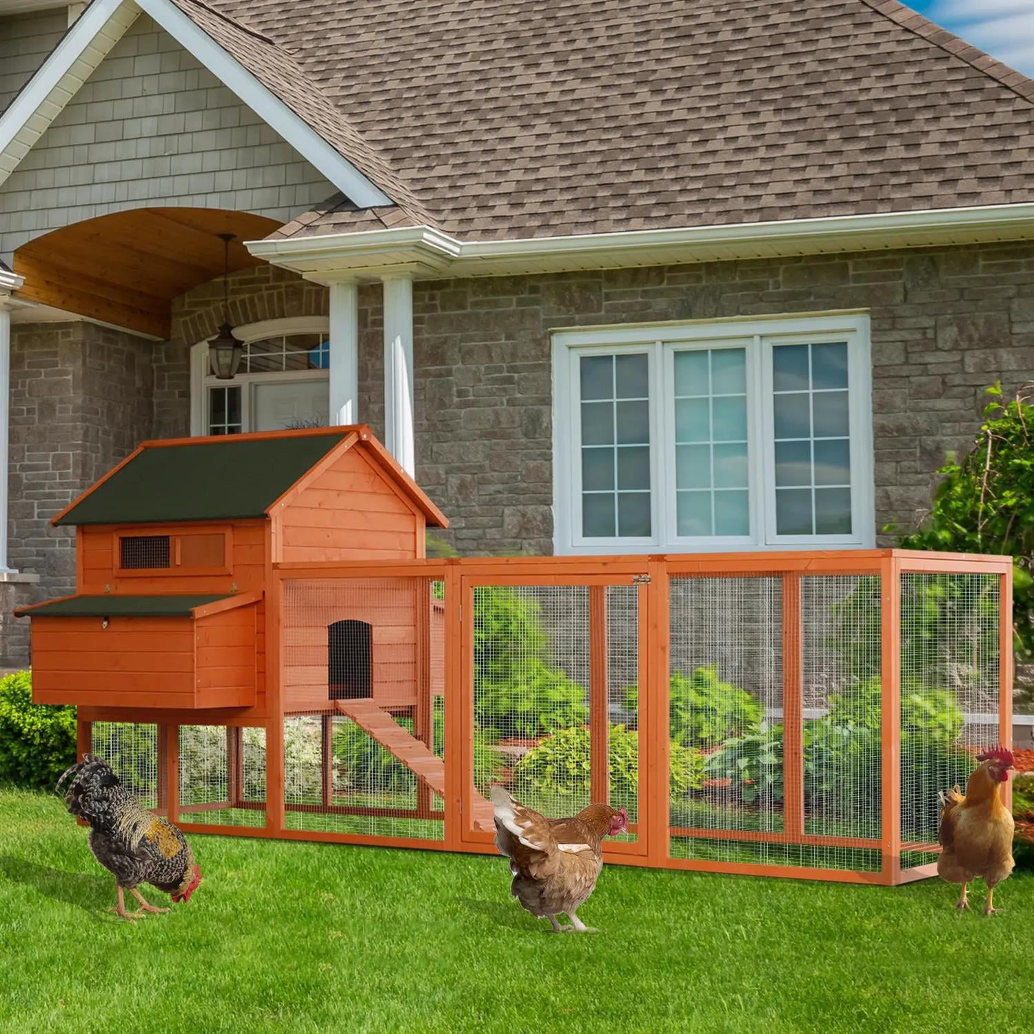 Pefilos 137" Large Chicken Coop Rabbit Hutch, Outdoor Wooden Poultry Cage Hen House with Nesting Box, Run for Garden Backyard, Orange