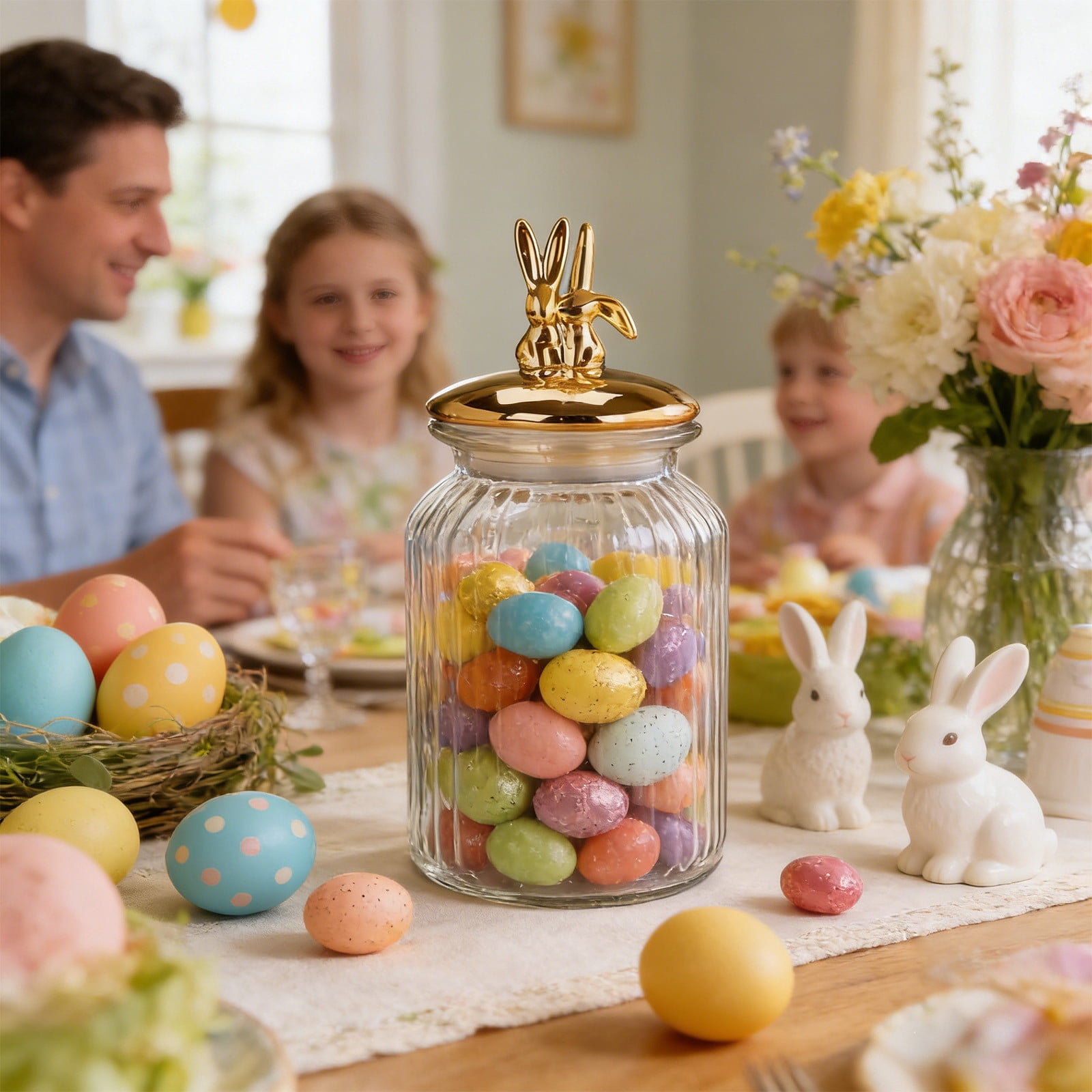 1 Pcs Easter Glass Jar with Lid Large Bunny Ear Egg Candy Jar Clear Decorative Food Storage Container Rabbit Egg Shape Storage Canister Easter Bunny Table Decor for Gift, 8.66x4.72x4.72in