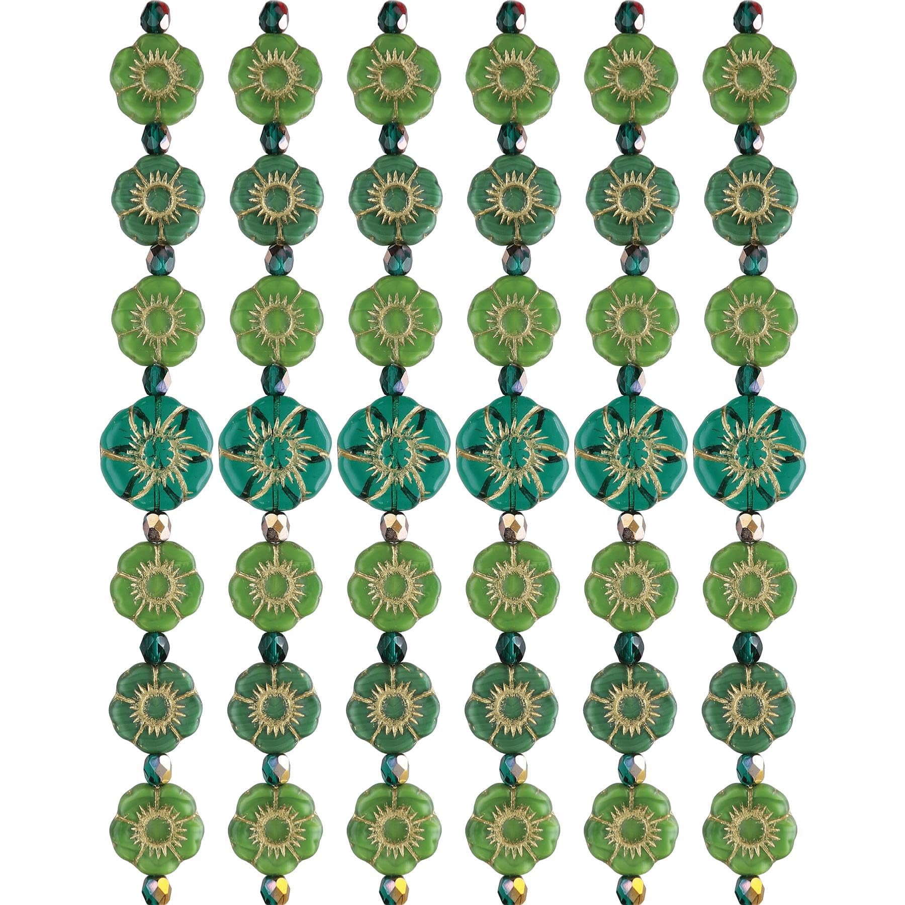 The Beadsmith Czech Glass Strands - High Quality, Pressed & Table Cut Beads - 6 x 7-Inch Strands, 15 Beads Per Strand – Green Hibiscus Mix – For Jewelry Making, Decorations & DIY Crafts