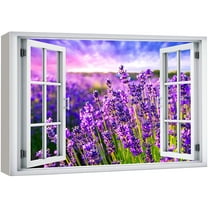 wall26 Canvas Print Wall Art Window View Neon Purple Sunset Sky Lavender Flowers Wilderness Nature Photography Realism Scenic Landscape Colorful Multicolor for Living Room, Bedroom, Office - 12x18