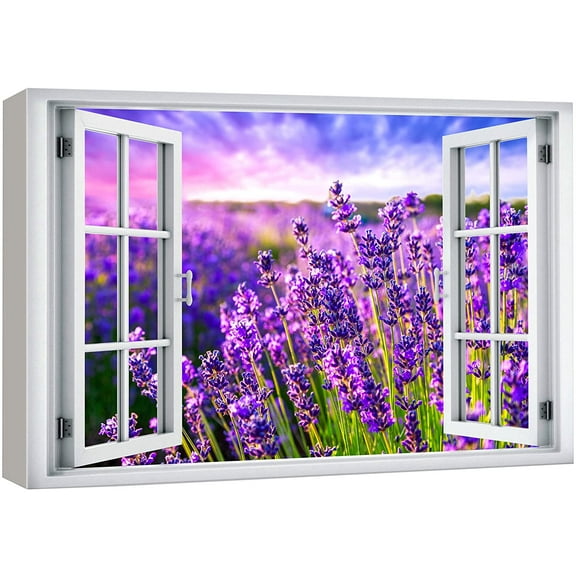 wall26 Canvas Print Wall Art Window View Neon Purple Sunset Sky Lavender Flowers Wilderness Nature Photography Realism Scenic Landscape Colorful Multicolor for Living Room, Bedroom, Office - 12x18