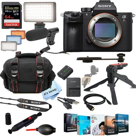 Sony Alpha a7RIVA New Model Mirrorless Digital Camera No Lens + Shot-Gun Microphone + LED Always on Light+ 64GB Extreme Speed Card, Gripod, Case, and More 30pc Video Bundle
