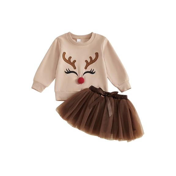 BemeyourBBs Toddler Baby Girl Christmas Outfit Reindeer Long Sleeve Sweatshirt and Tulle Tutu Skirt 2 Piece Set Xmas Clothes