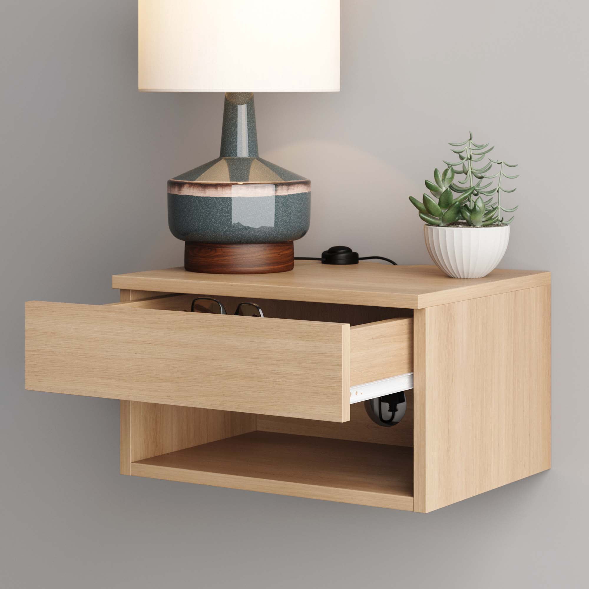 Jackson Light Wood Modern Floating Bedroom Nightstand with Storage Drawer and Open Shelf Cubby
