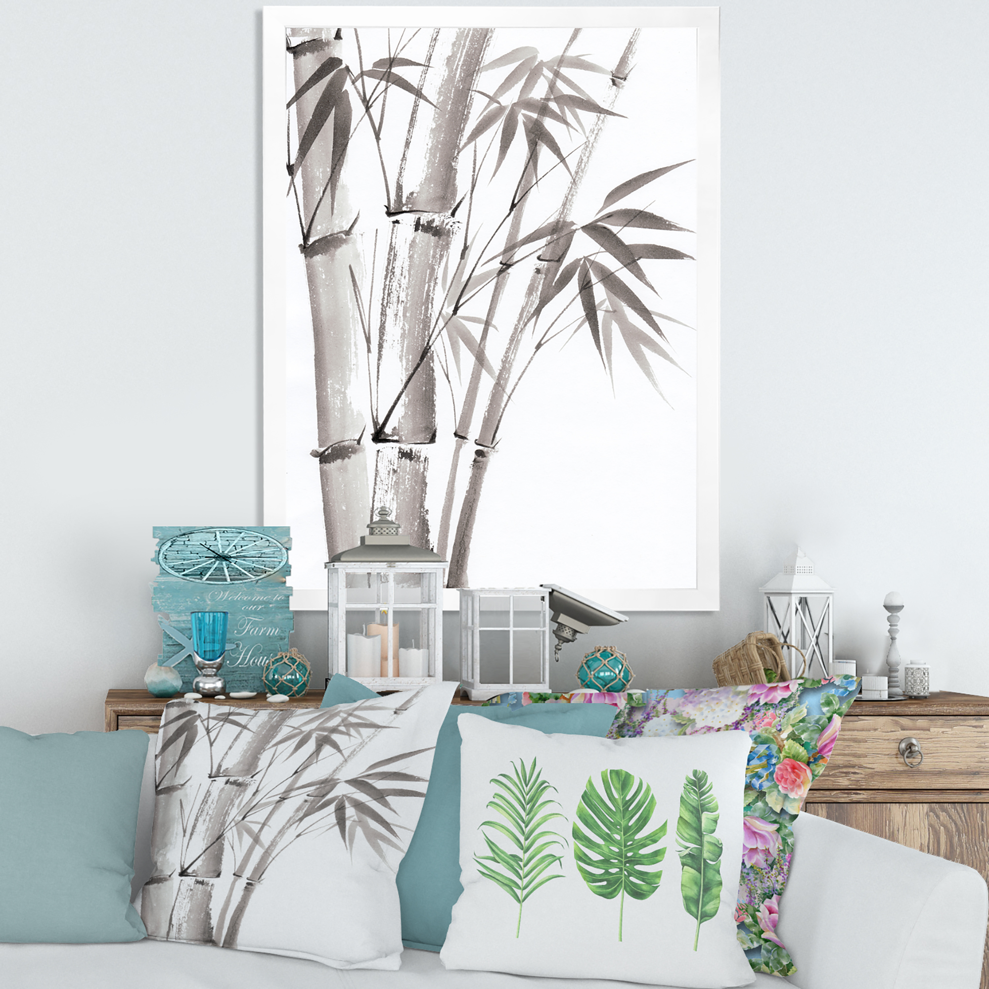 Designart 'Palm Bamboo Detail On White III' Traditional Framed Art Print