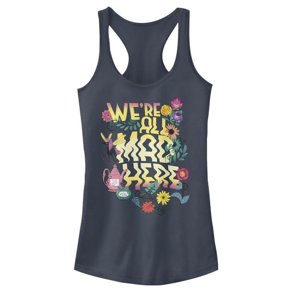 Junior's Alice in Wonderland Floral We're All Mad Here Racerback Tank Top Indigo Small