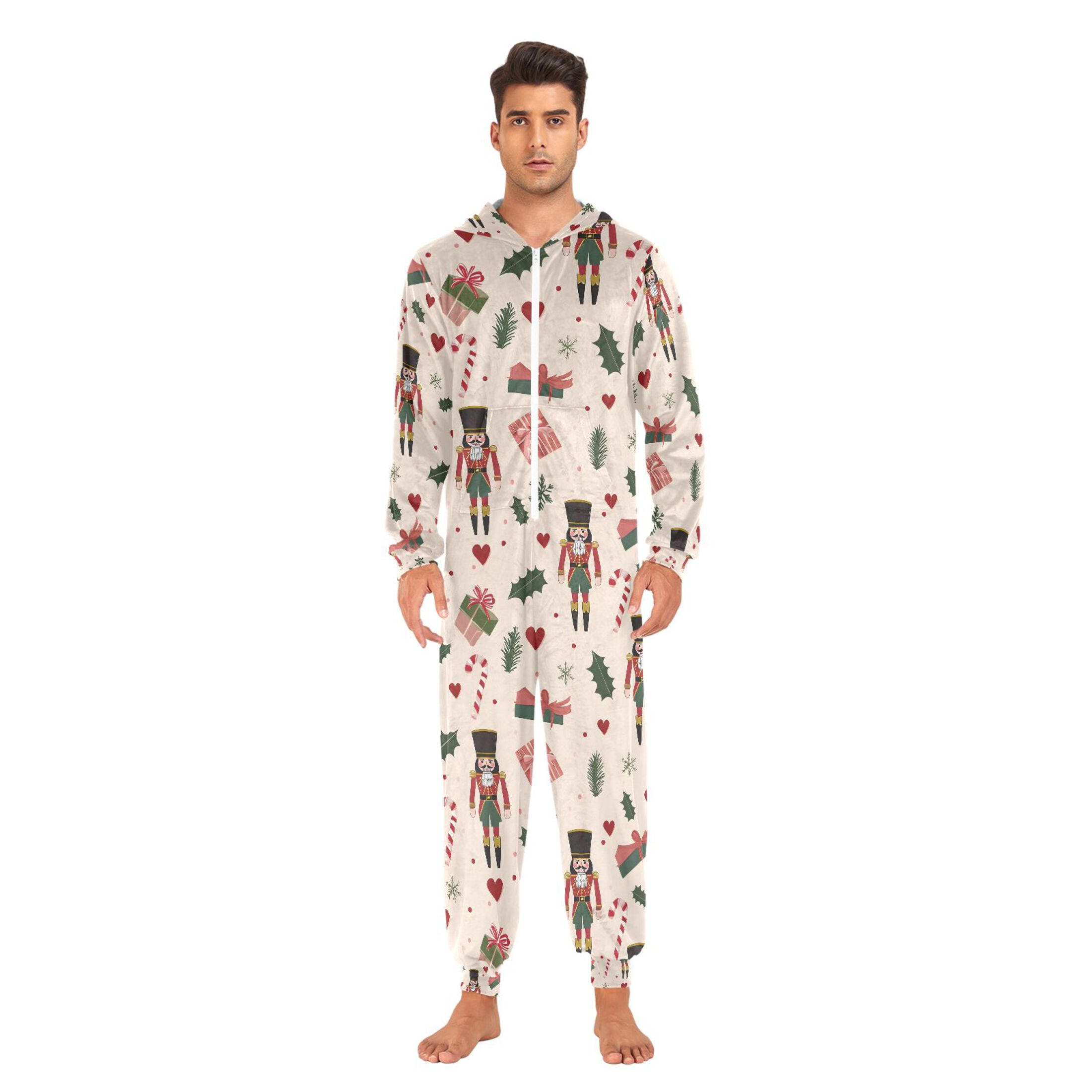Adult Christmas Onesie Christmas Nutcracker Leave Heart Snowflake Adult Zipper One-Piece Pajamas Unisex Pajamas with Pockets
