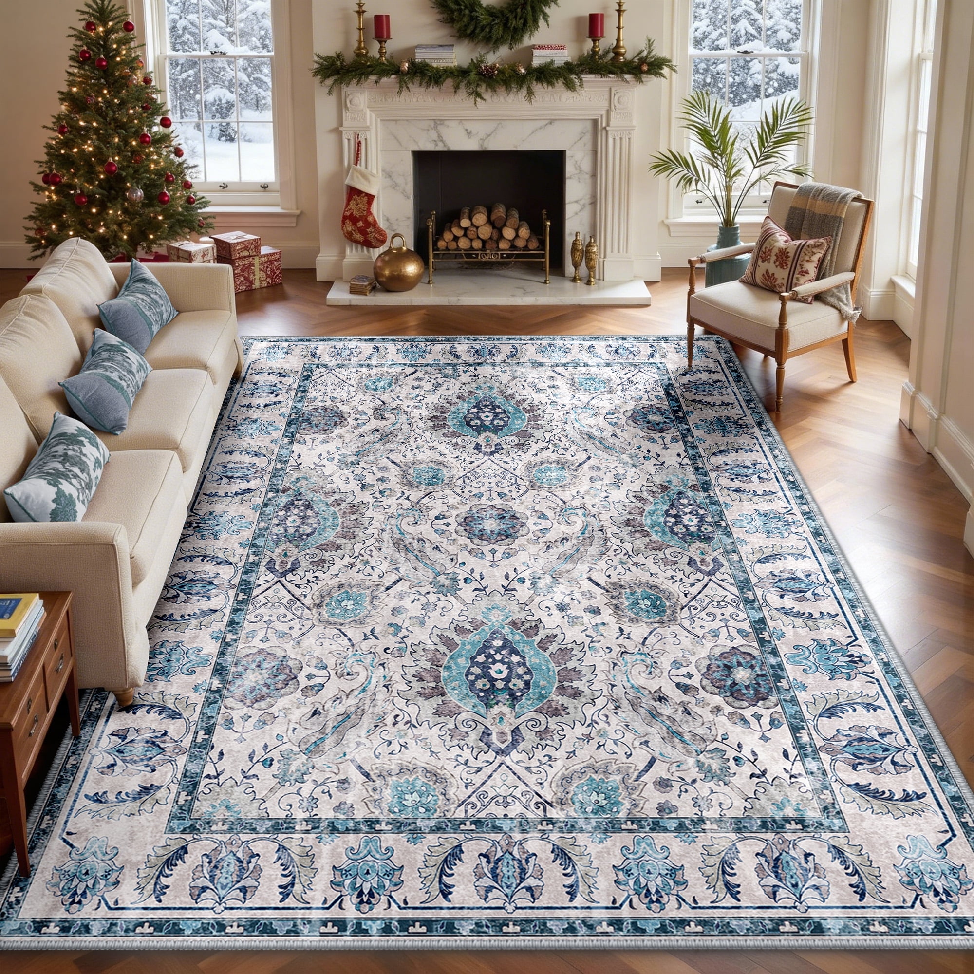 NewBuros Area Rugs 8'x10' Washable Non-Slip Boho Rugs, Soft Stain Resistant Low Pile Print Indoor Carpet for Living Room Bedroom Dining Room, Turquoise