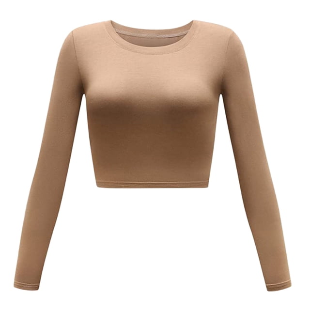 TSADFHJI Hauts d'Été pour Femmes Grande Taille Haut Sexy Slim Col Rond Couleur Unie Manches Longues S Beige
