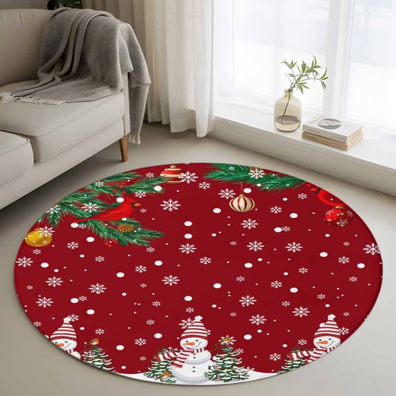 Round Area Rugs Collection 4 Ft, Christmas Red Non-Slip Residential Carpet, Snowman Xmas Pine Branch Cardinal Bird Snowflake Indoor Crawling Mats Runner Rugs for Living Room/Dining Room/Bedroom