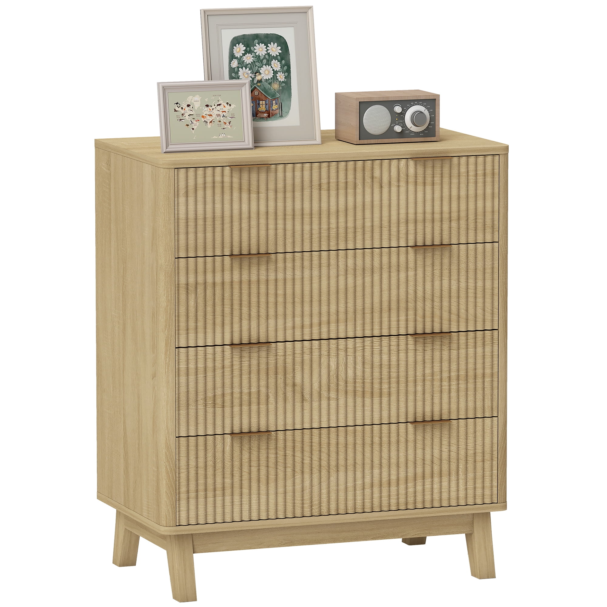 HOMCOM Fluted Dresser for Bedroom with 4 Drawers, Chest of Drawers with Gold Finger Pulls and 4 Wood Legs, Natural Wood