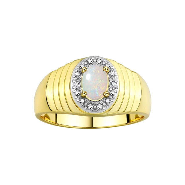 RYLOS Men's Rings 14K Yellow Gold Classic Halo Of Diamonds 7X5MM Oval Gemstone Designer Ring Opal October Birthstone Rings For Men Size 10
