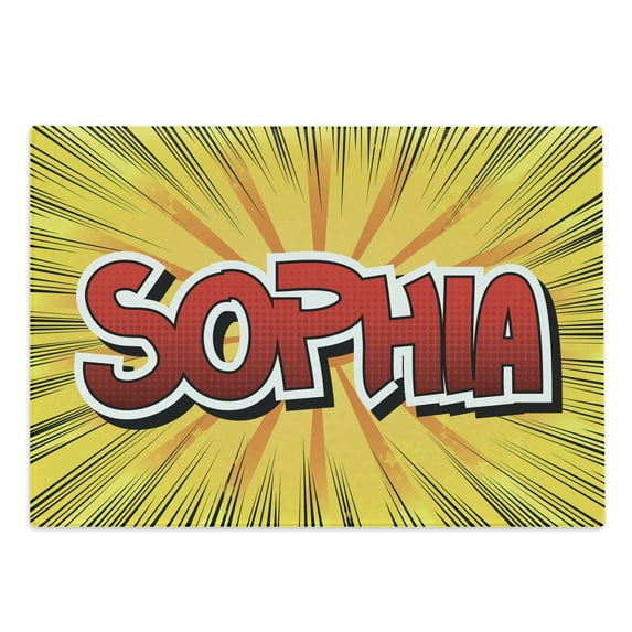 Sophia Cutting Board, Most Popular Girls` Given Names in Western World Retro Comic, Decorative Tempered Glass Cutting and Serving Board, Large Size, Yellow Red and Black, by Ambesonne