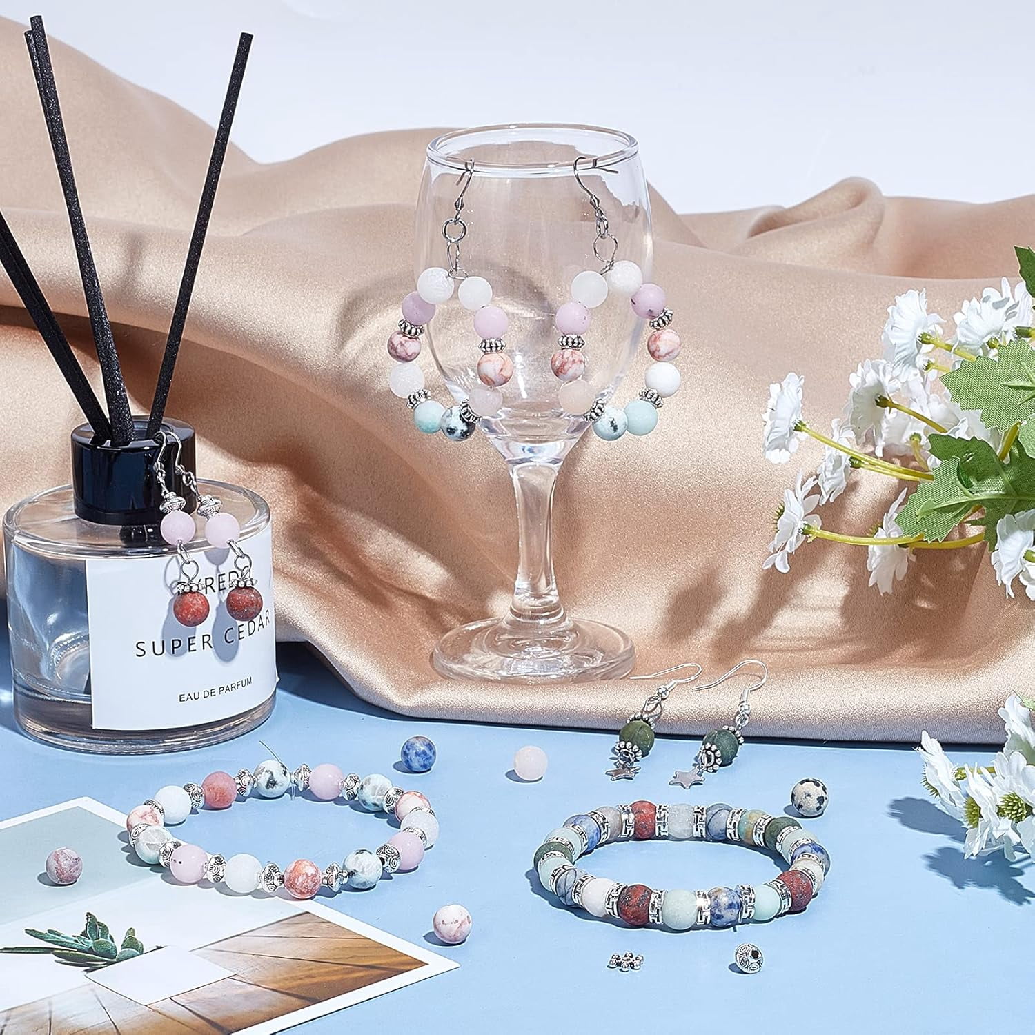 DIY Stretch Bracelets Making Kits Including Frosted Natural Gemstone Round Beads Alloy Spacer Beads Iron Beading Needles Gemstone Beads: 8~8.5mm Hole: 1mm 250pcs/set