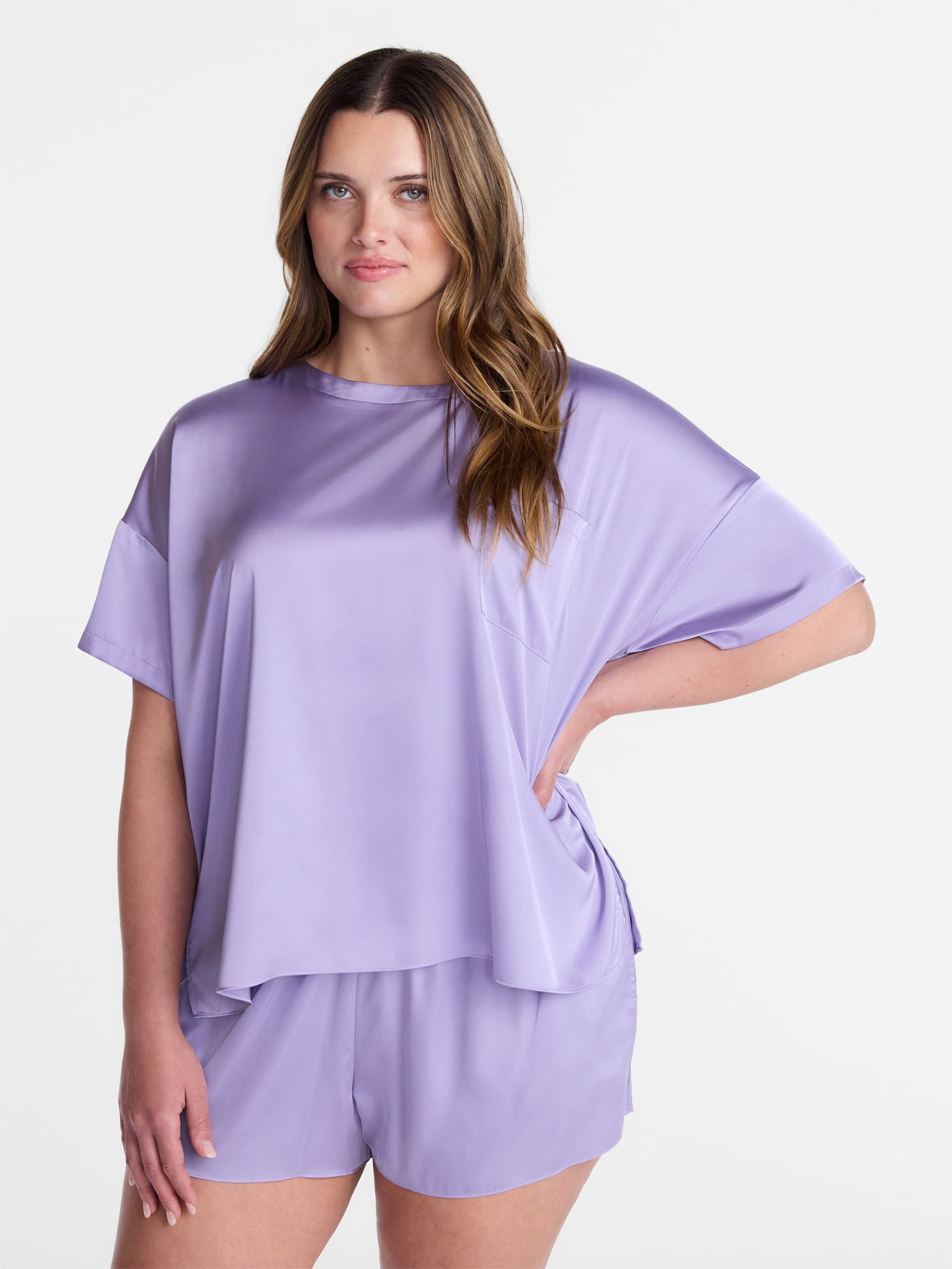 Joyspun Women’s Short Sleeve Stretch Satin Top and Shorts Pajama Set, 2-Piece, Sizes XS-3X
