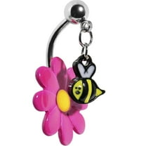 Steel Pink Dangle Bumble Bee Flower Navel Bar Belly Button Rings Body Jewelry