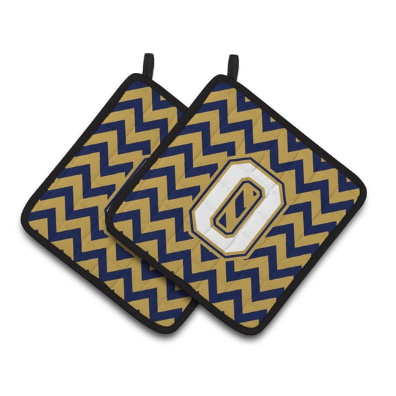 Letter O Chevron Navy Blue and Gold Pair of Pot Holders