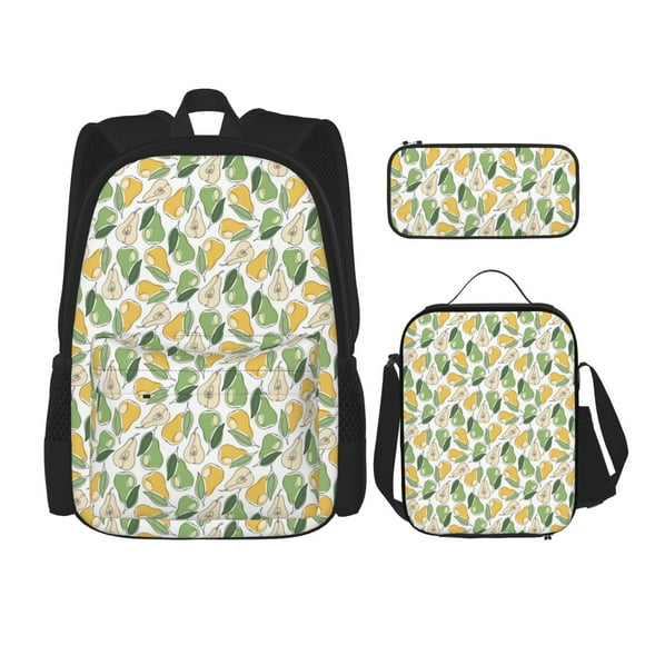 Easygdp Fruit Pears Mochila para Niños y Niñas con Set de Caja de Almuerzo y Estuche para Lápices 3 en 1, Mochila Escolar Estampada para Adolescentes