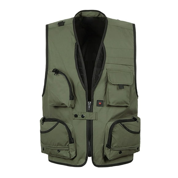 Handshe Men's Solid Color Utility Vest, Sleeveless V-Neck Work Vest with Multiple Pockets for Outdoor Photography, Hiking Adventure Tactical Gear,Plus Size