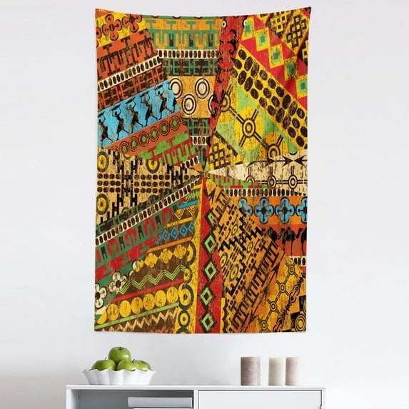 African Tapestry, Grunge Collage Motifs Traditional Art Ornate Geometric, Fabric Wall Hanging Decor for Bedroom Living Room Dorm, 5 Sizes, Multicolor, by Ambesonne
