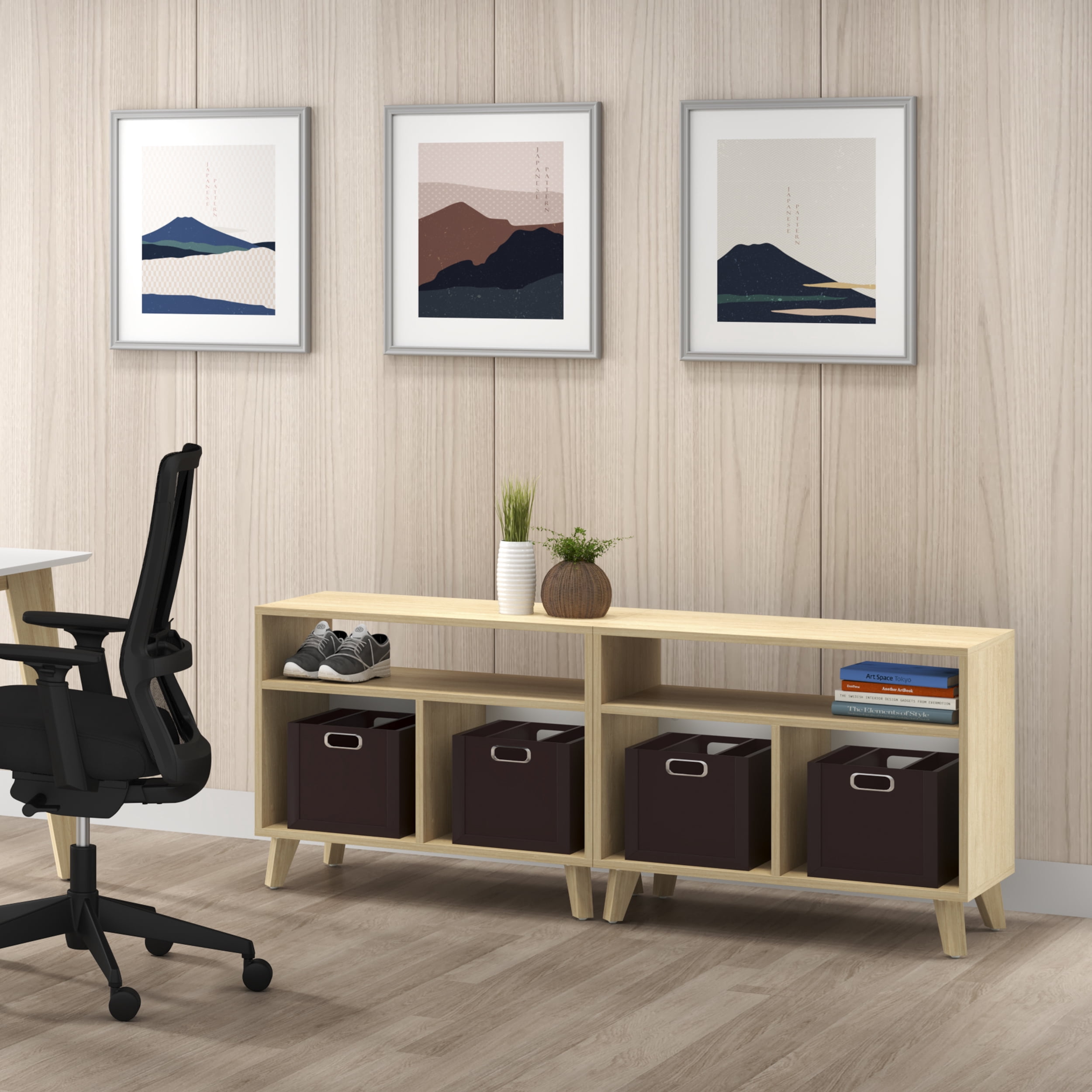 HON Basyx Commercial-Grade Modern Cube Storage Credenza, Real Wood Feet, in Teak (BSXCUBECTT)