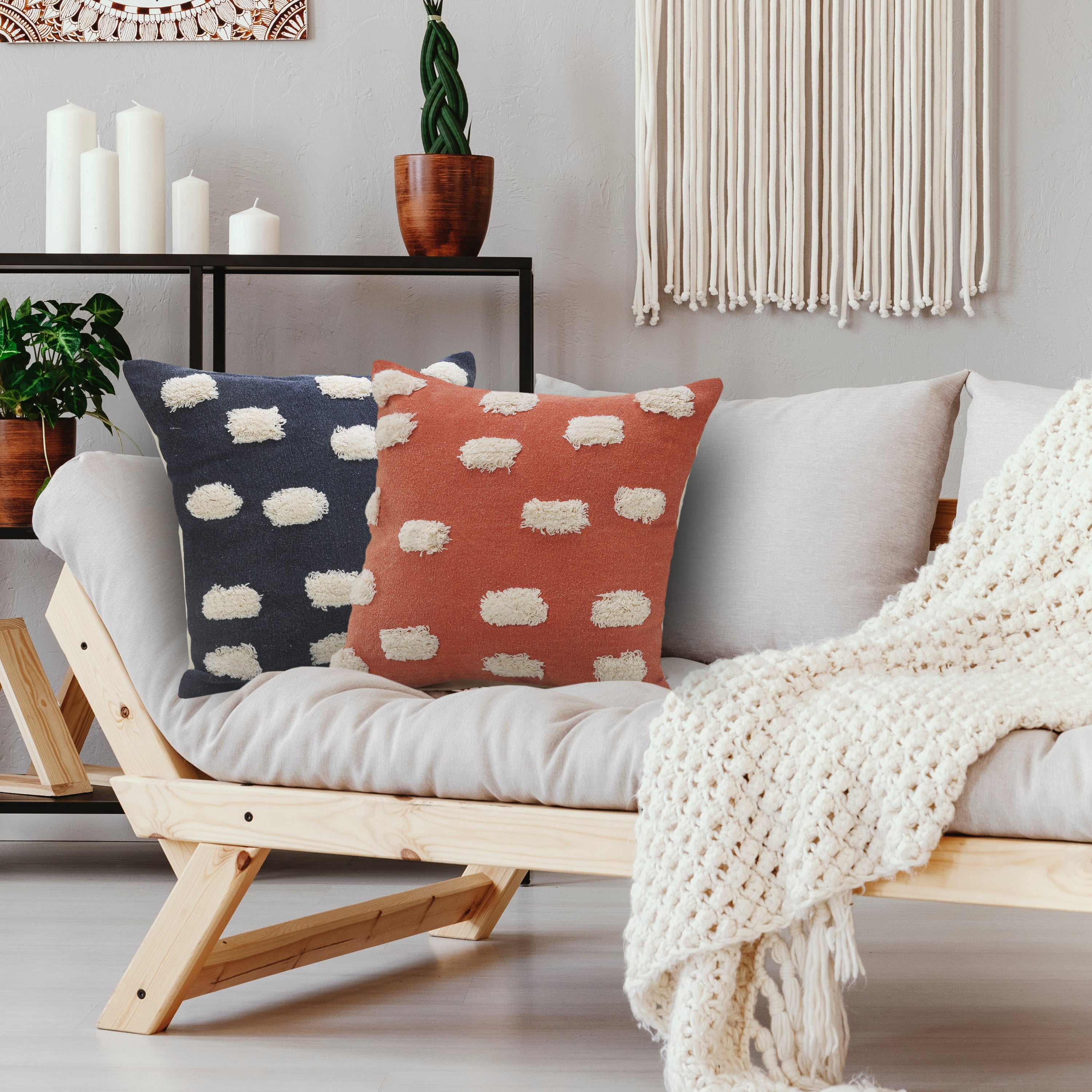 LR Home Zinna Dots Modern Cotton Throw Pillows, Orange/White, 20" x 20", Set of 2