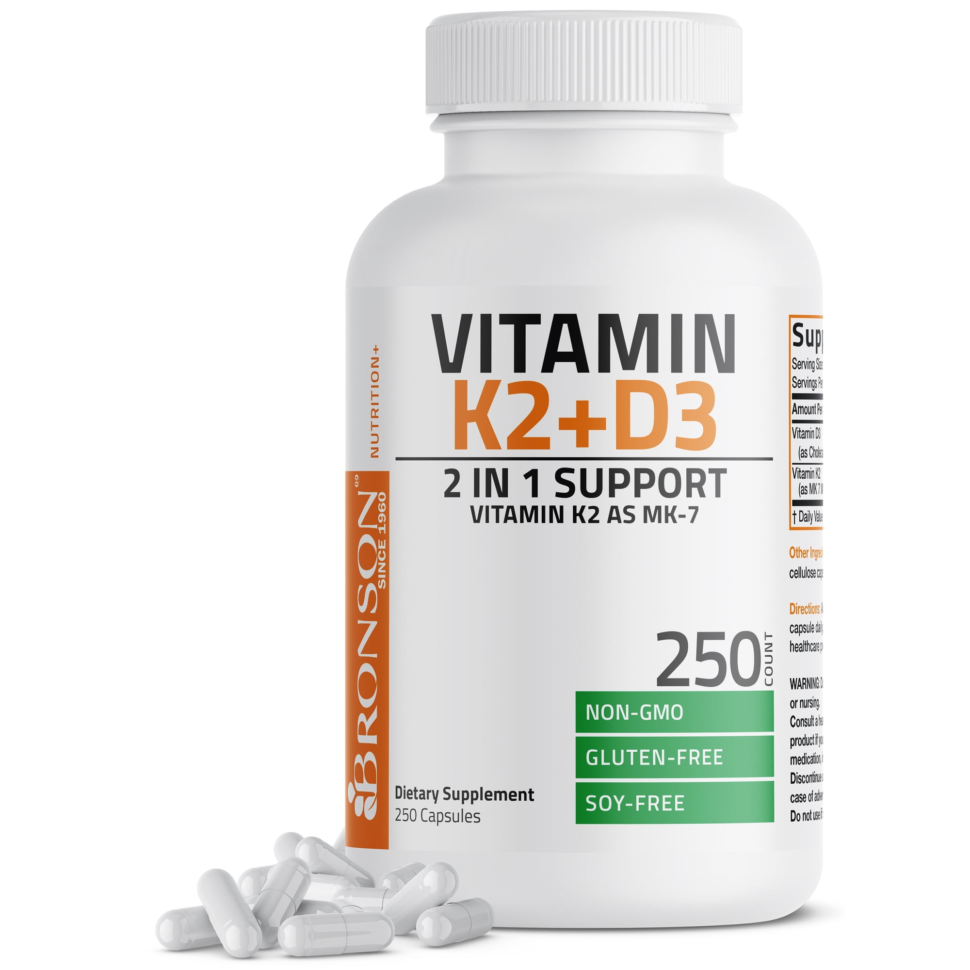 Bronson Vitamin K2 (MK7) with D3 Supplement Bone and Heart Health Non GMO & Gluten Free Formula - Easy to Swallow, 250 Capsules
