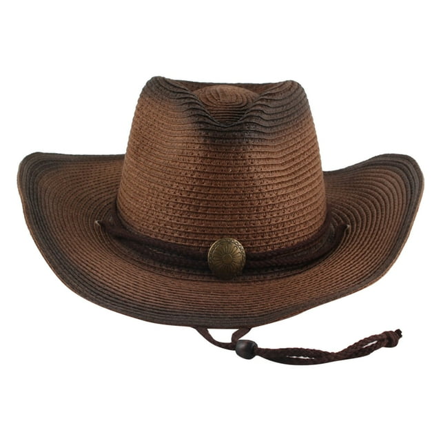 Retro Western Cowboy Straw Hat - Curved Rim Visor, Sun Protection, Flower Printed Design for Beach/Wedding/Festival - One Size