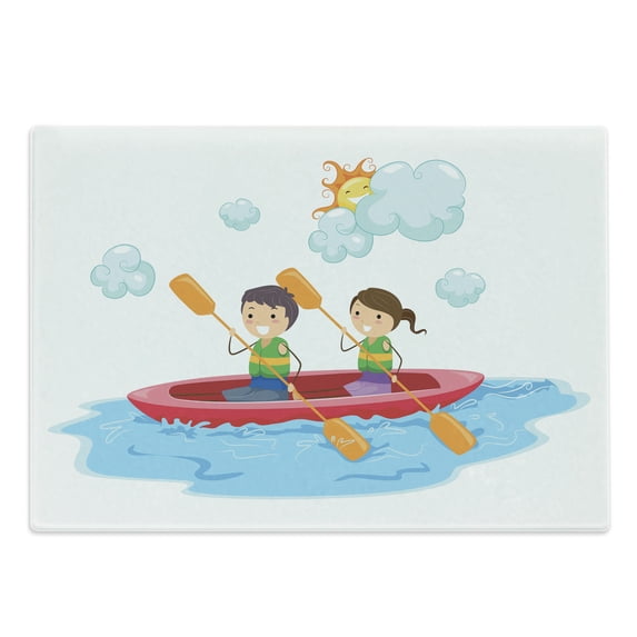 Sports Cutting Board, Little Friends Siblings Riding a Kayak Together in Sunny Day Summer Sea Cartoon, Decorative Tempered Glass Cutting and Serving Board, Large Size, Multicolor, by Ambesonne