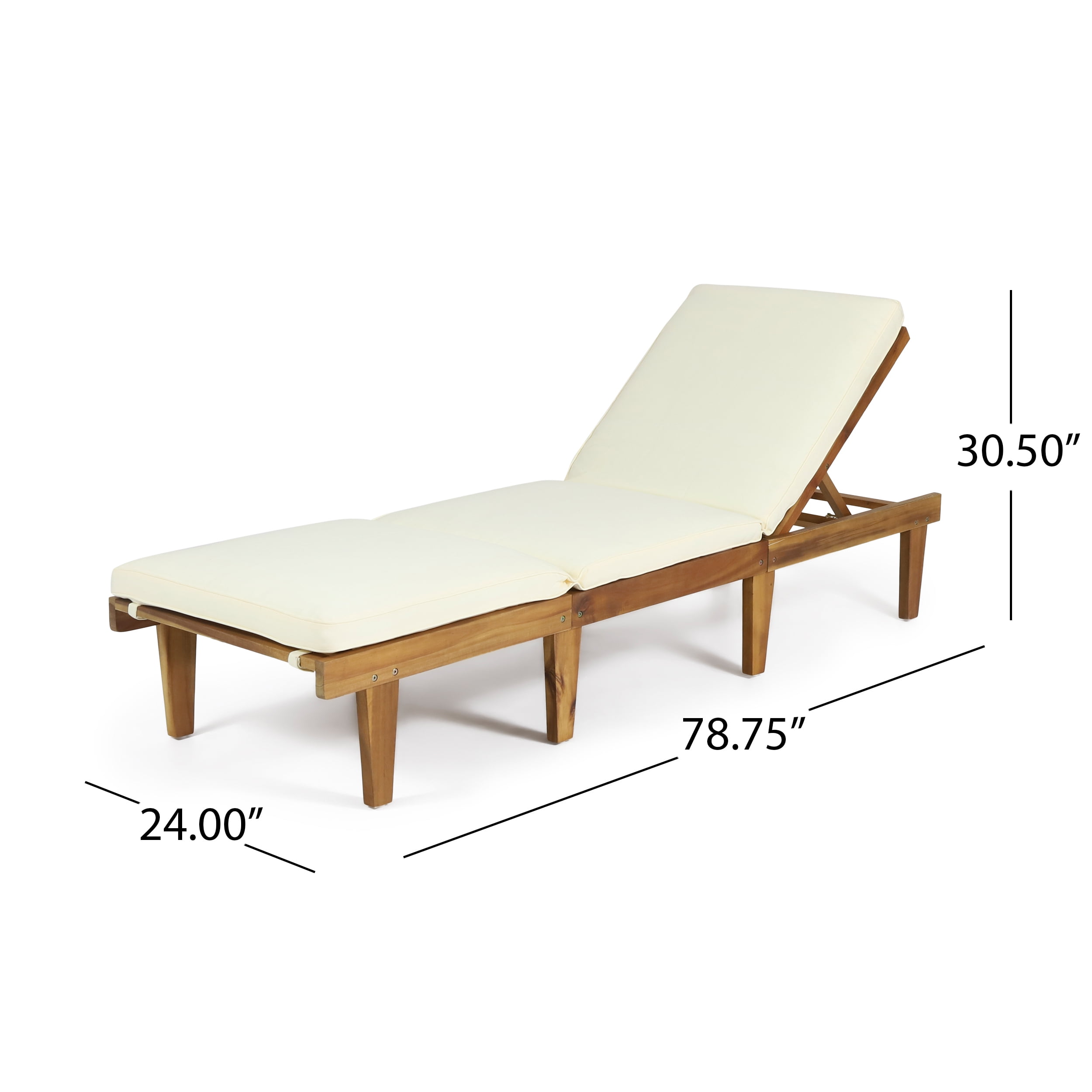 Outdoor Cushioned Wood Frame Chaise Lounge, Comfort Poolside Recliner for Patio Garden, Teak