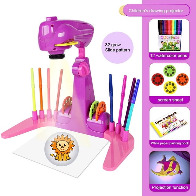 Yimiti Children'S Drawing Projector: 32 Cartoon Slides & 12 Color Brushes For Creative,Purple