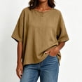 thumbnail image 4 of RQYYD Womens Short Sleeve Round Neck Tops Casual Henley Button Blouses Linen Blend Tee Shirts Clothes, 4 of 7