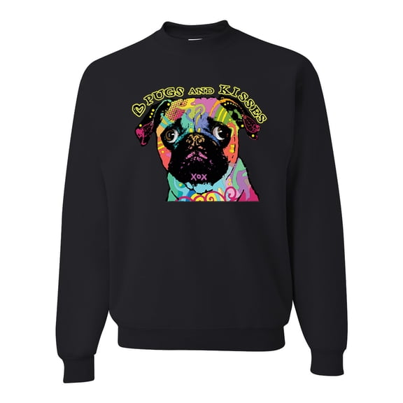 Pugs and Kisses Cute Dog Neon Rainbow Pug Dog Lover Unisex Crewneck Graphic Sweatshirt, Black, Small