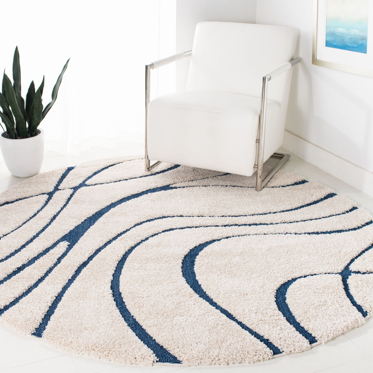 SAFAVIEH Florida Tamzen Abstract Shag Runner Rug, Cream/Blue, 2'3" x 5'