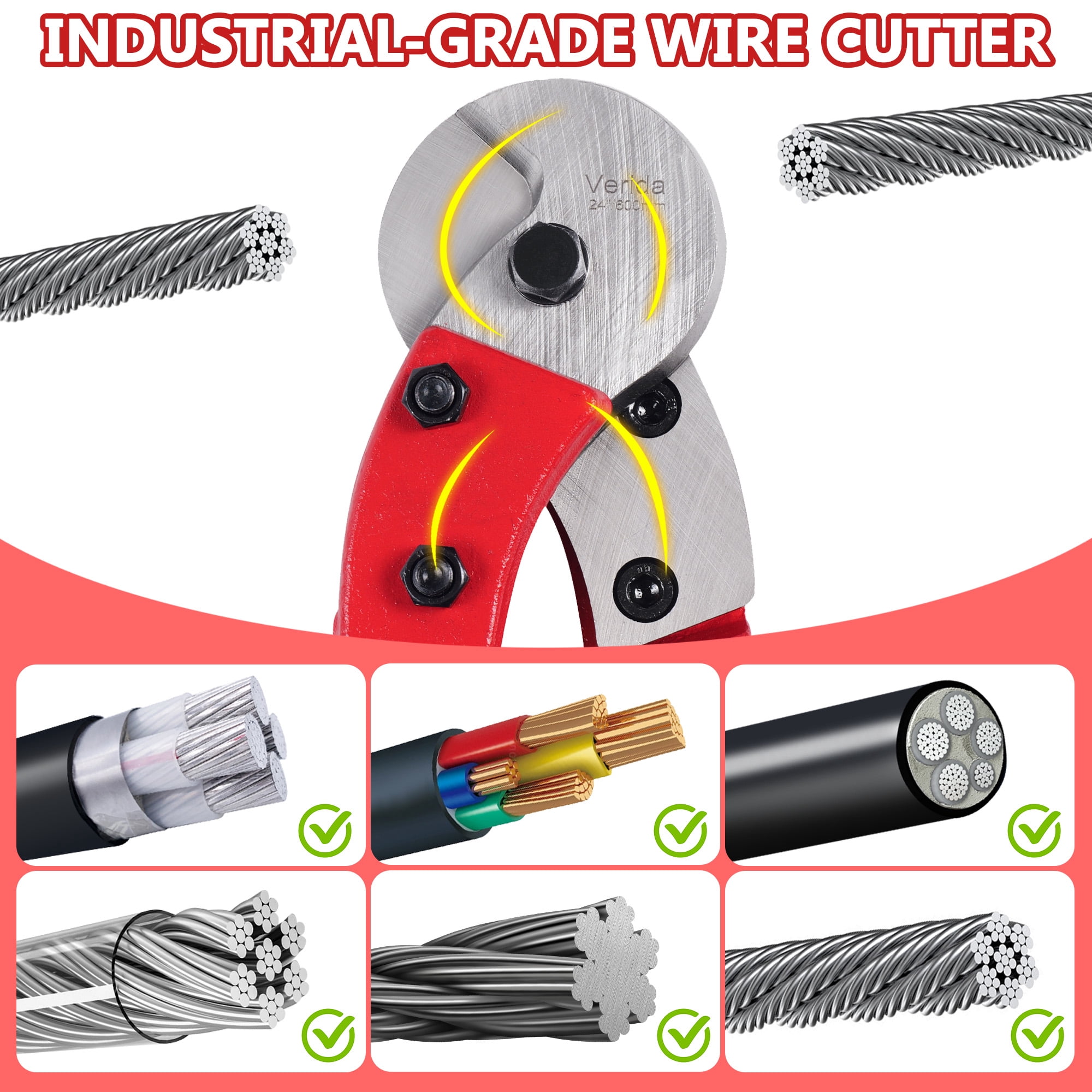 Wire Cutters 18 inch, Industrial-Grade Heavy Duty Wire Rope Cutter, Chrome Vanadium Steel, Hardness 65 HRC. for Stainless Steel Wire and Hard Wire Ropes, Red