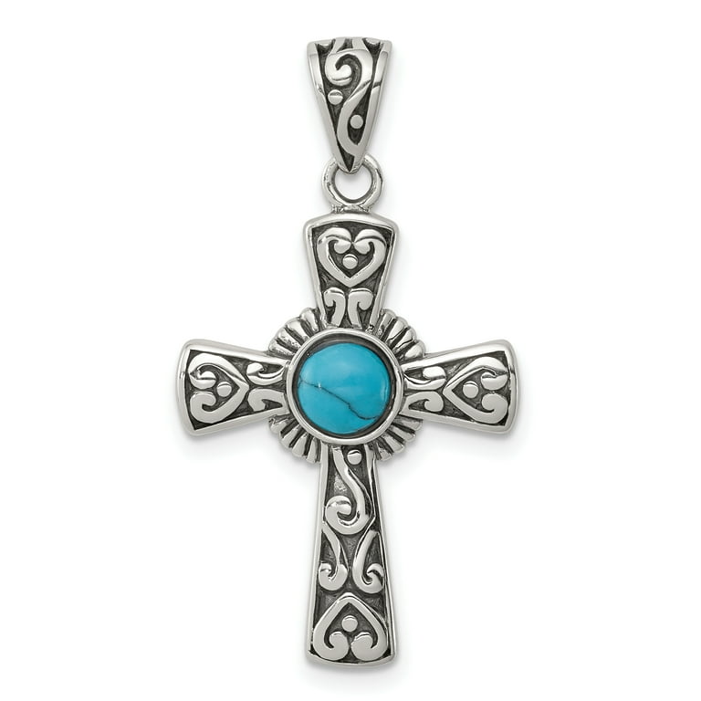 Sterling Silver Antiqued Recon Turquoise Cross Pendant Sterling Silver Antiqued Recon Turquoise Cross Pendant
